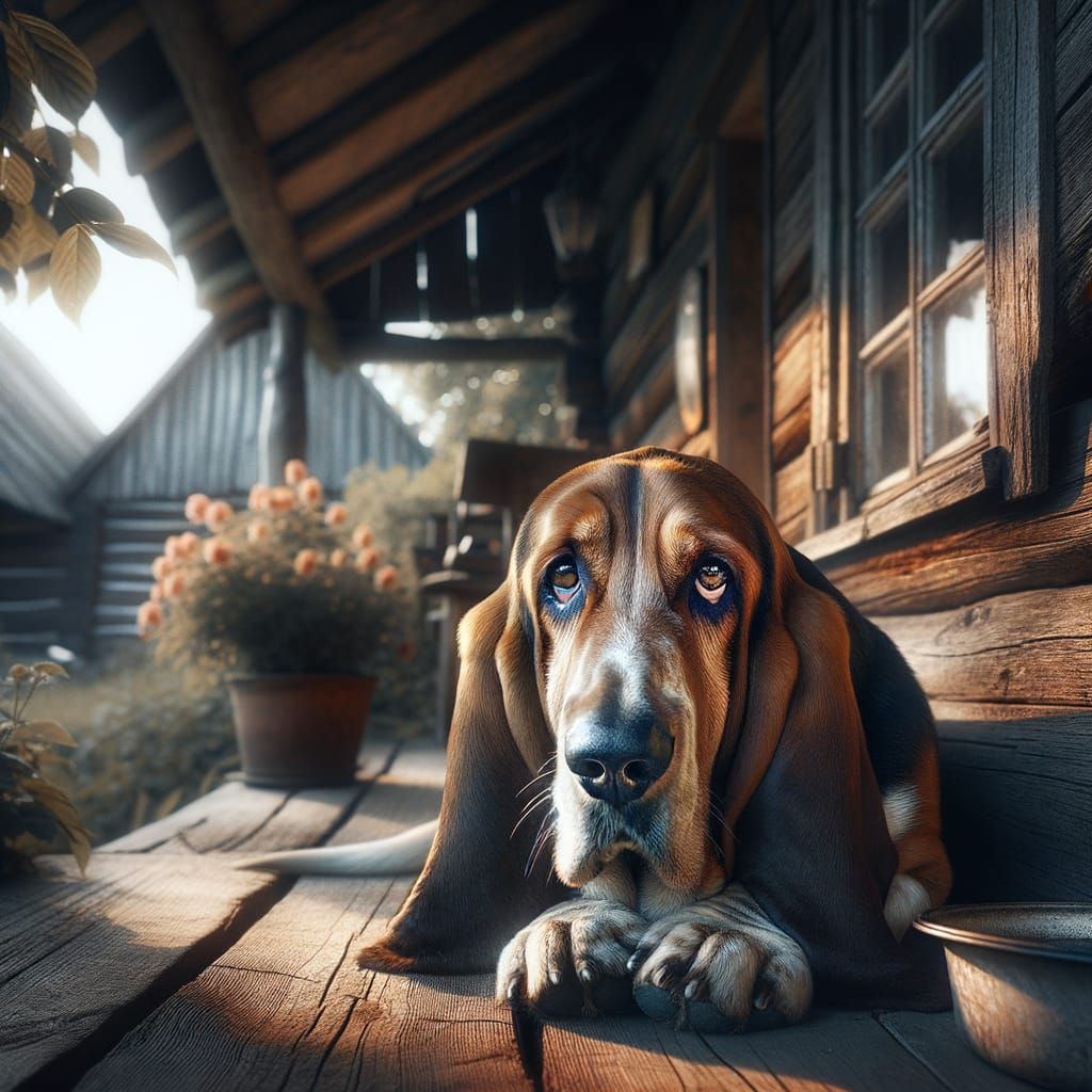 Soulful Basset Hound Rests on Rustic Porch