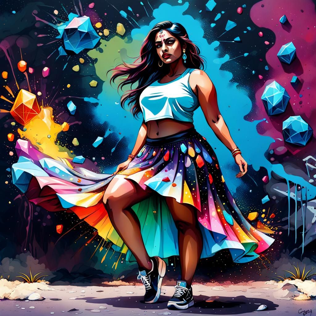 Indian Woman in Stone Skirt, Graffiti Art Style