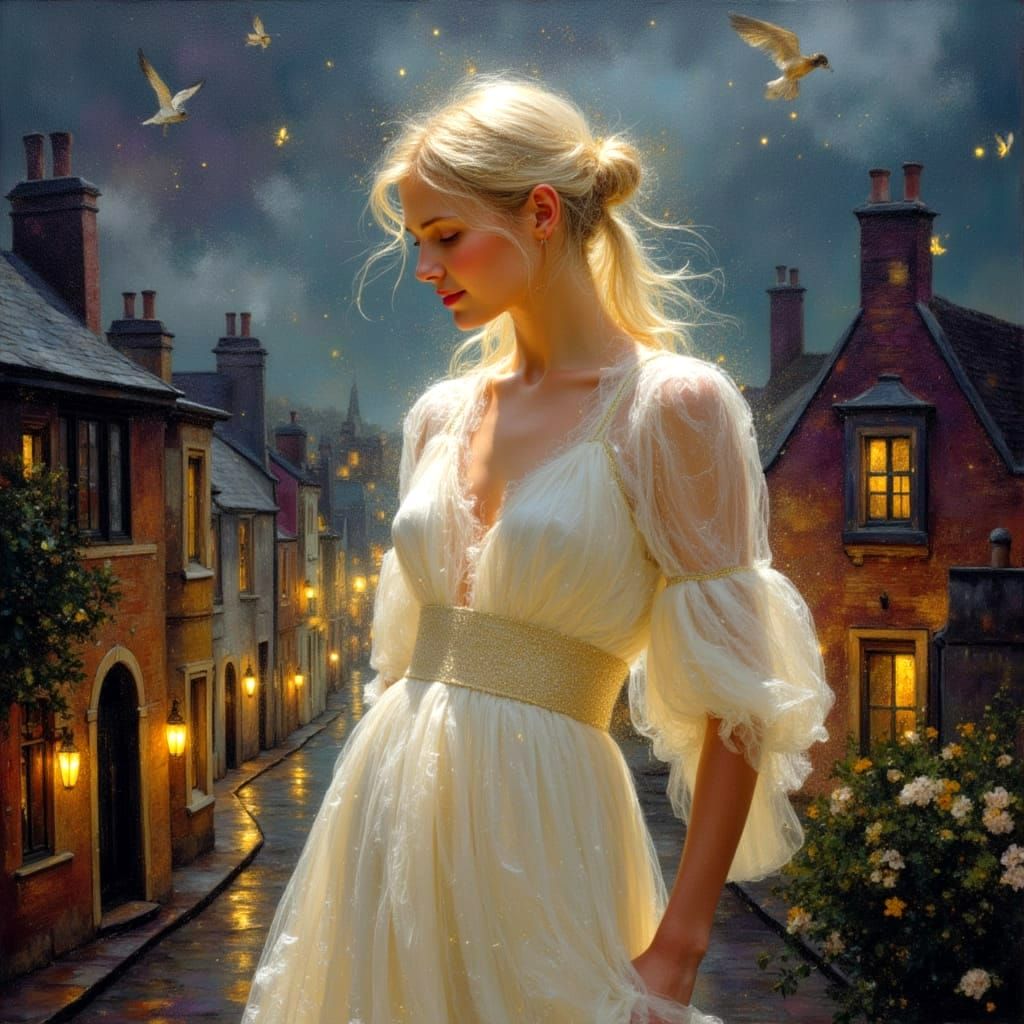 Woman Spreading Light in Old English Towns