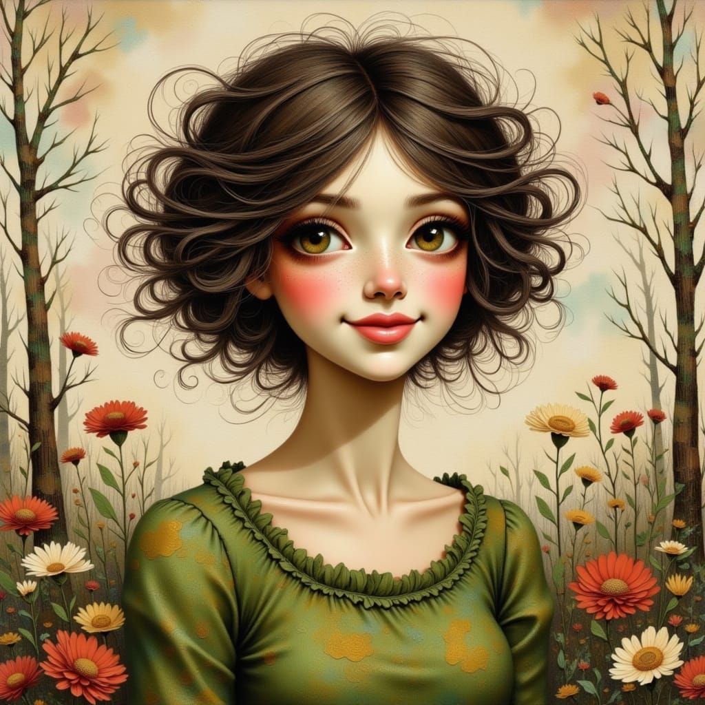 Children's Book Illustration of Woman in Forest, Pastel Pale...