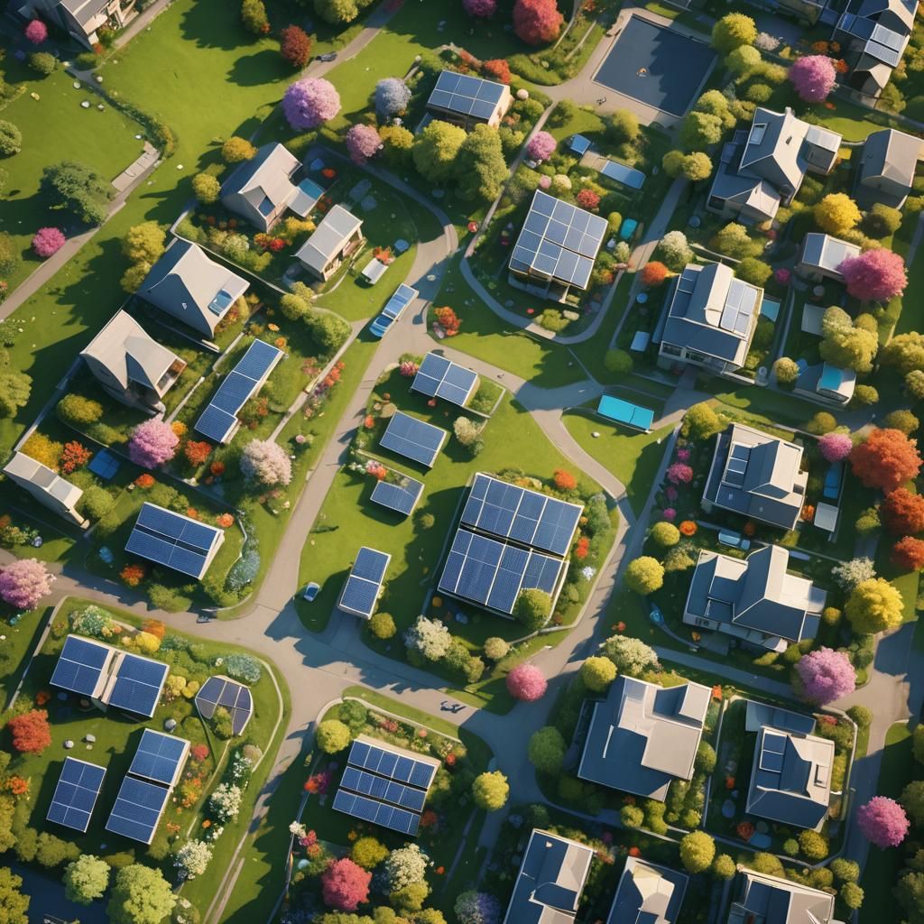 Lush Green Suburb with Solar Panels: Digital Art