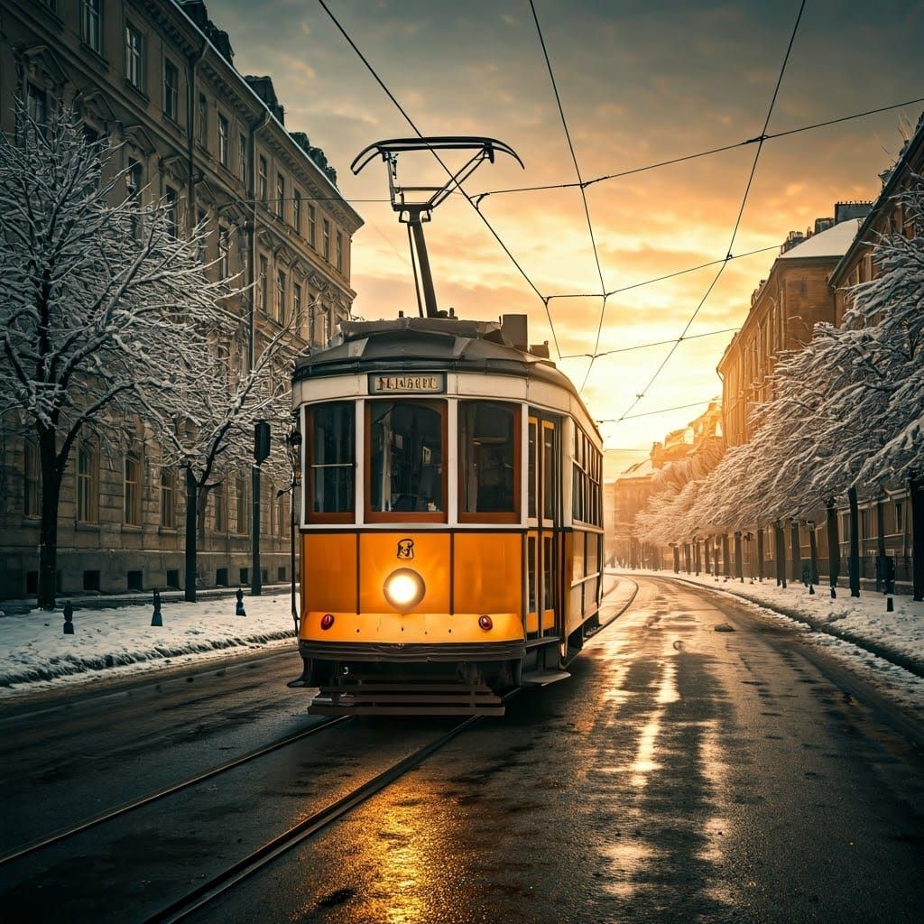 Vintage Tram Illuminates Winter Cityscape in Golden Light