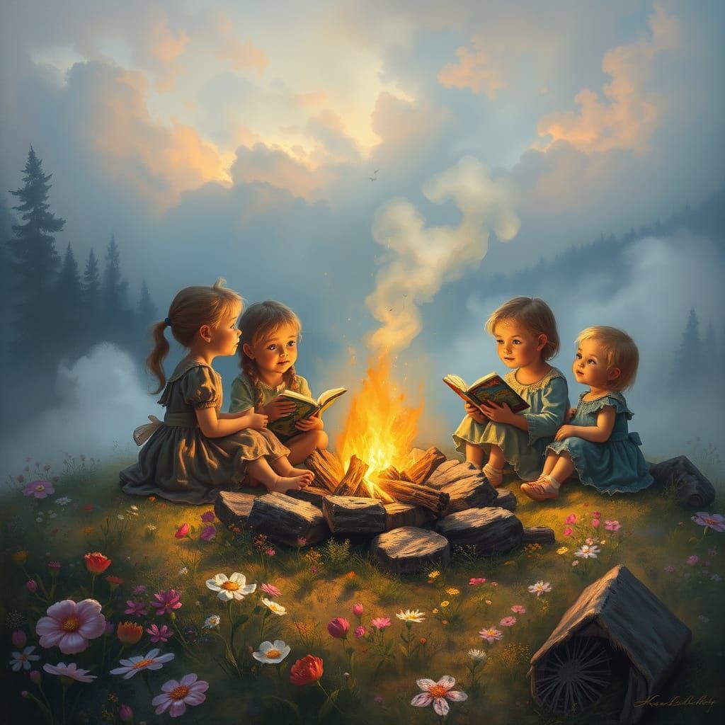 Children Gather Around Campfire in Whimsical Ethereal Fantas...