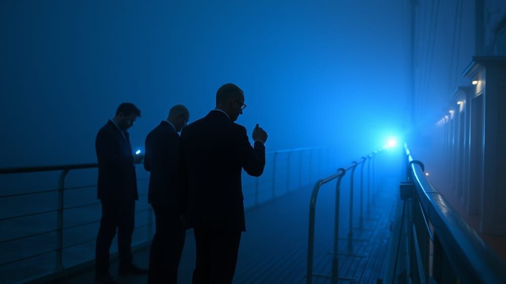 MIB Agents Investigate Titanic Deck in Eerie Blue Light