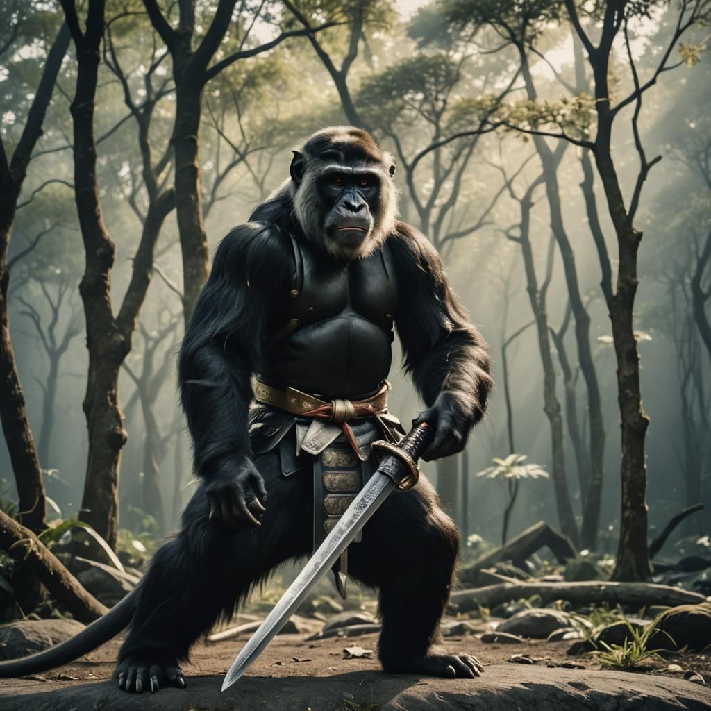Cinematic Monkey Samurai with Silver Sword