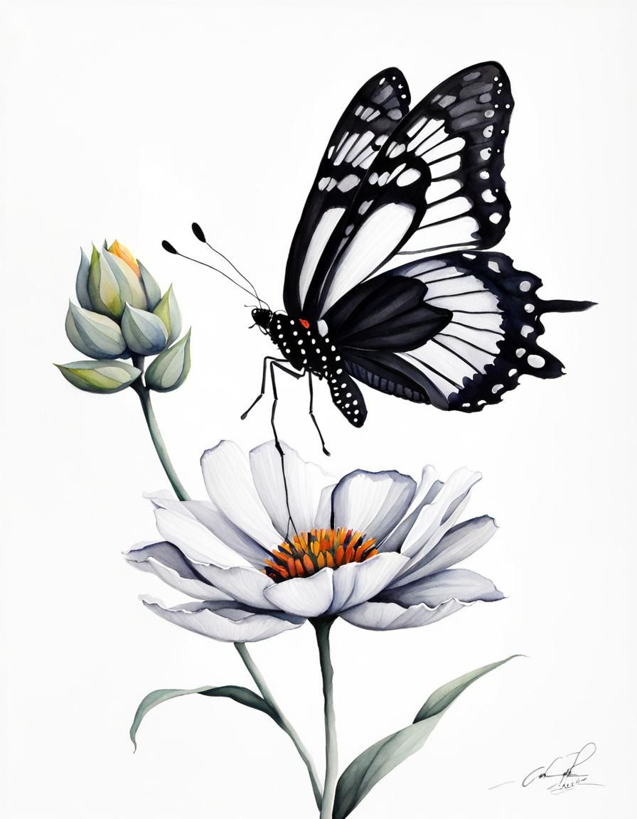 flower + butterfly flying to land +