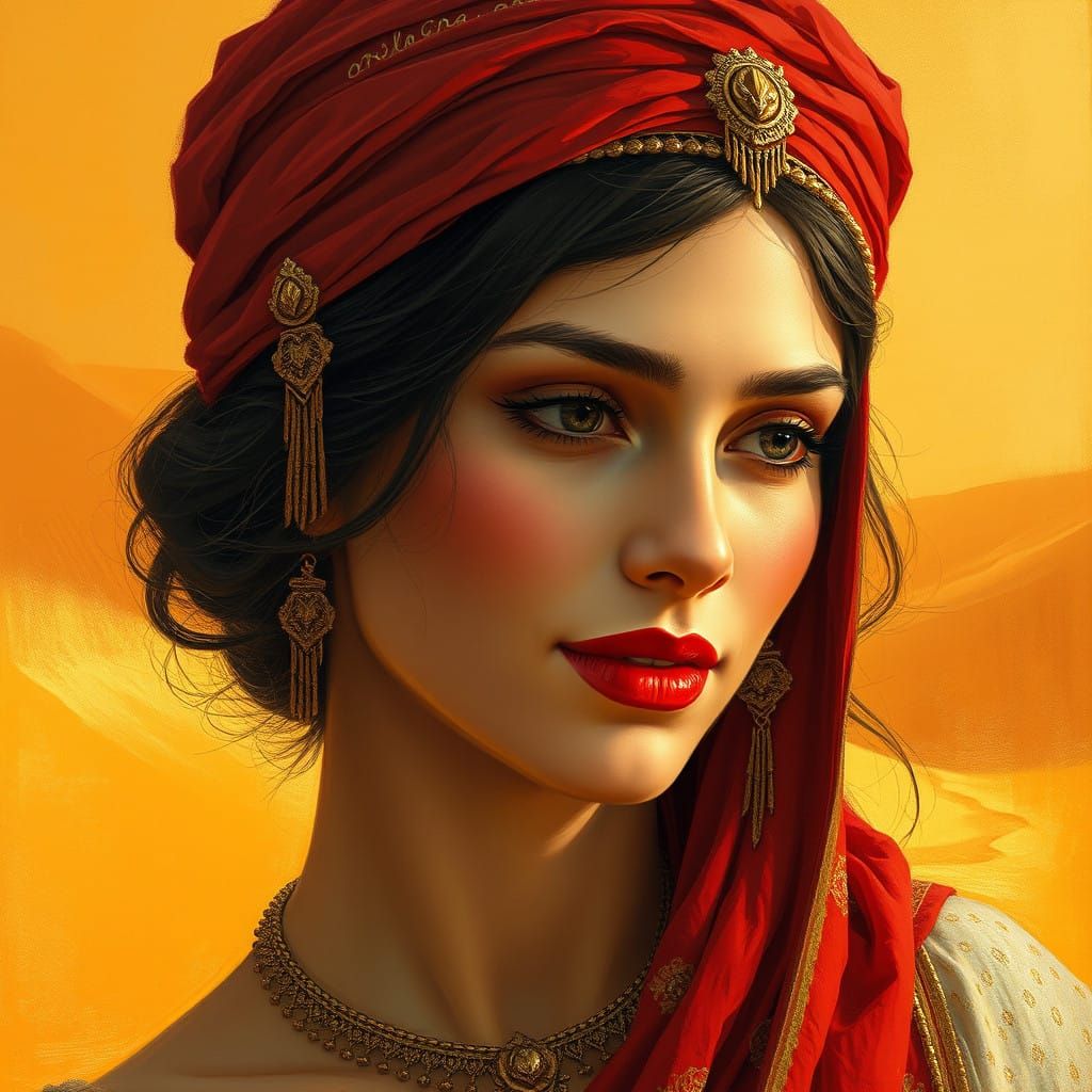 Regal Woman in Crimson Lips Against Warm Golden Background