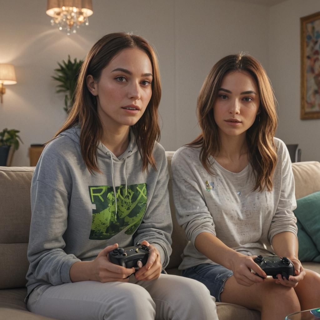 Women Gaming in Modern Living Room, Digital Art