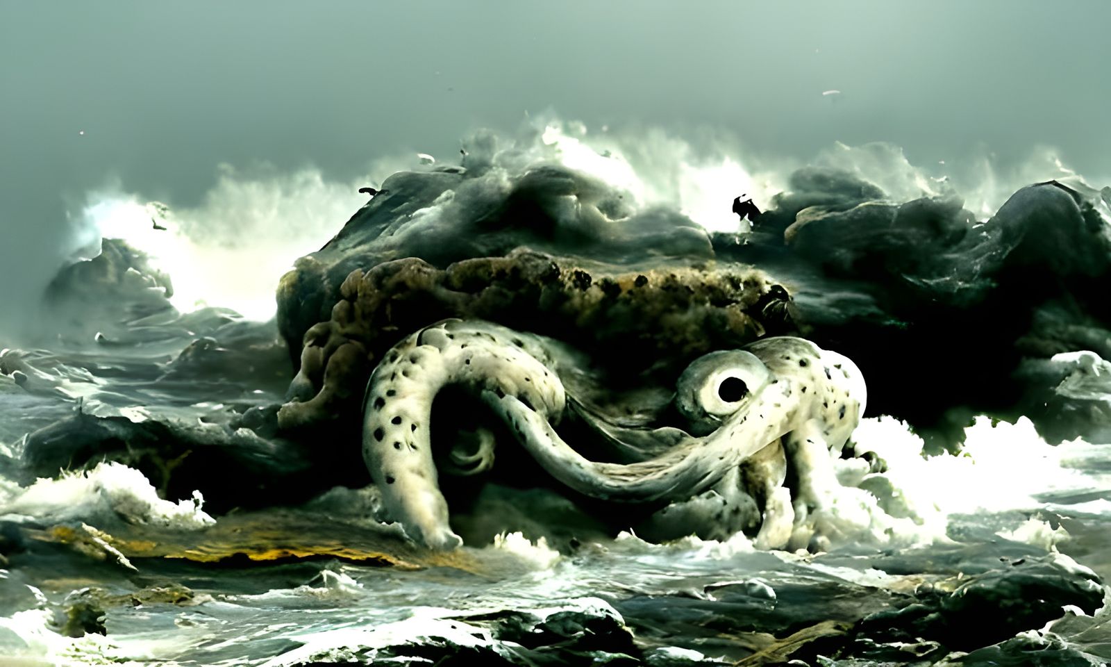 Gigantic Octopus Sea Monster in Stormy Landscape