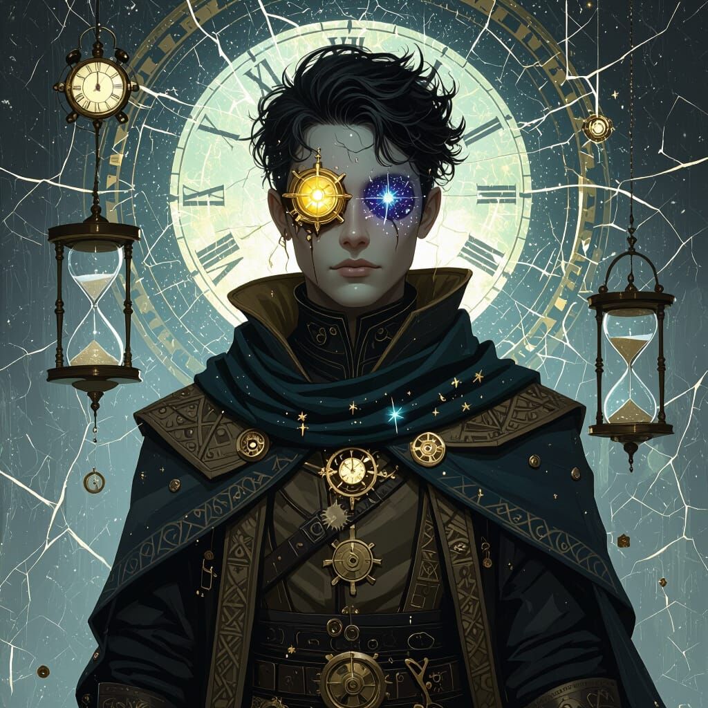 Paradox-Touched Human with Clockwork Eye in Ethereal Fantasy