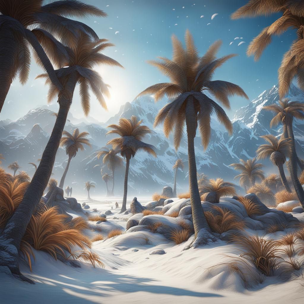 Surreal Snowy Beach Scene in Detailed Digital Painting