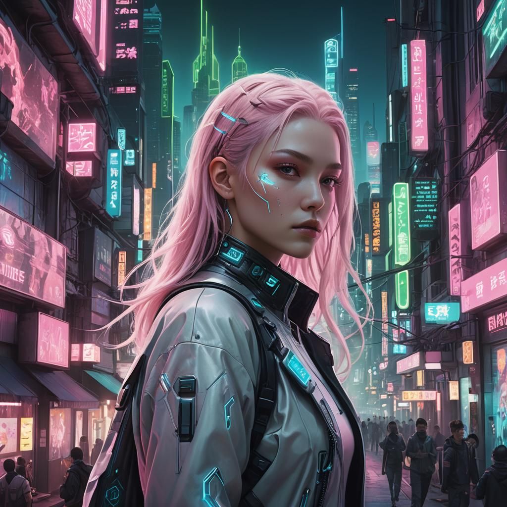 Ethereal Cyberpunk Character in Futuristic Cityscape