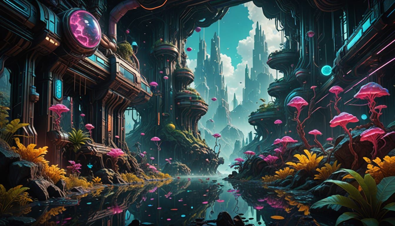 Surreal Cyberpunk Landscape in Neo Vaperwave Style