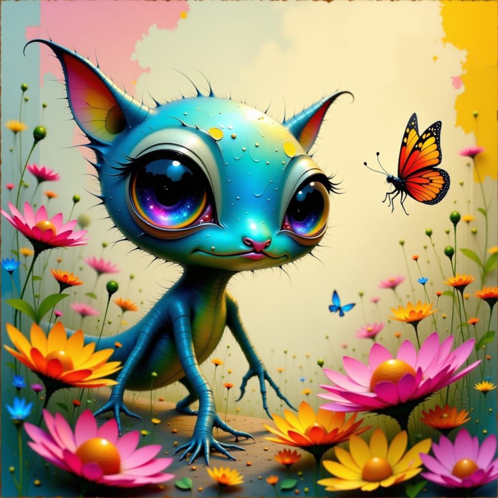 Alien Creature Chasing Butterfly in Murakami Style