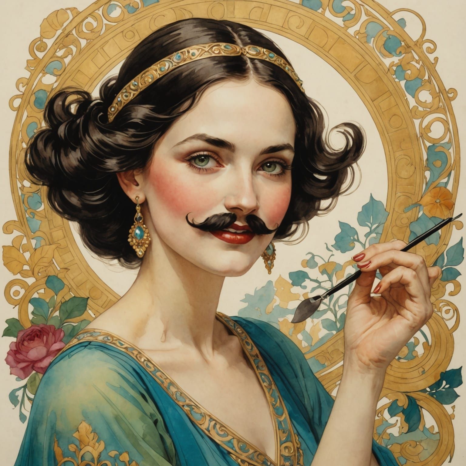 Dancing Girl with Moustache in Art Deco Watercolor