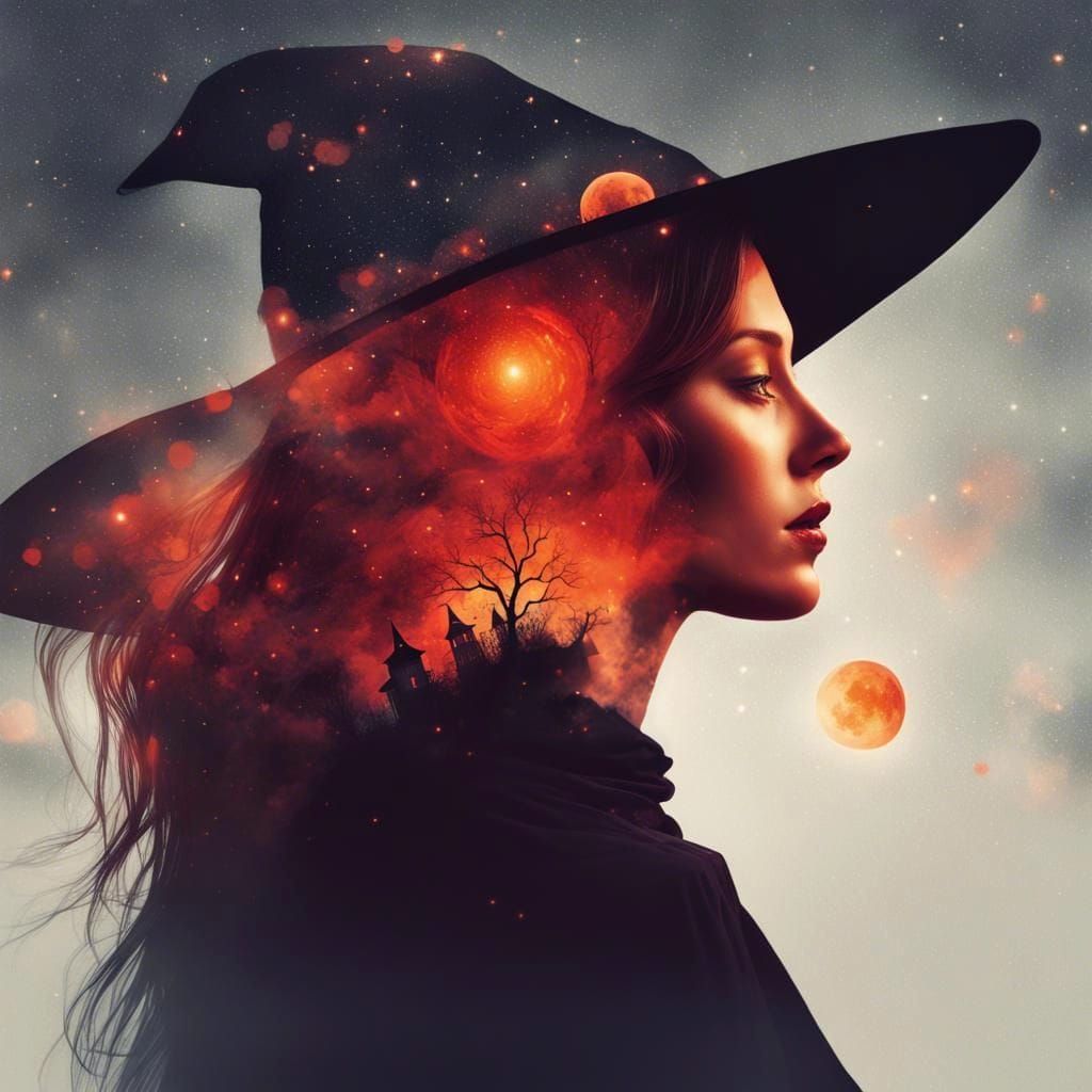 Halloween Witch Double Exposure in Vibrant Colors