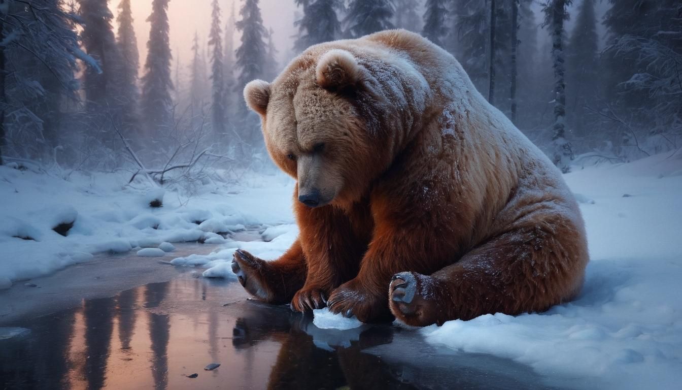 Frozen Sentimental Kodiak Bear in Snowy Forest