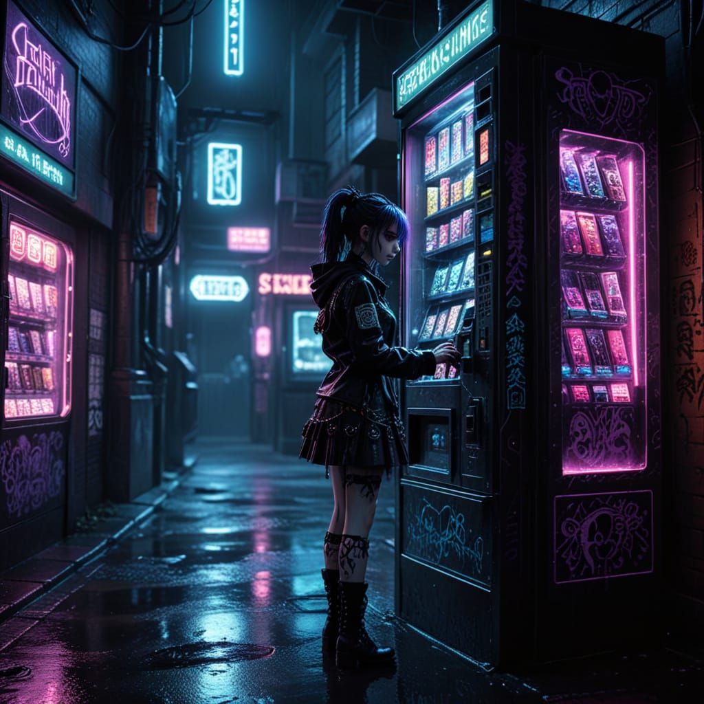 Cyber Goth in Dark Alley, Using Genetic Vending Machine in V...