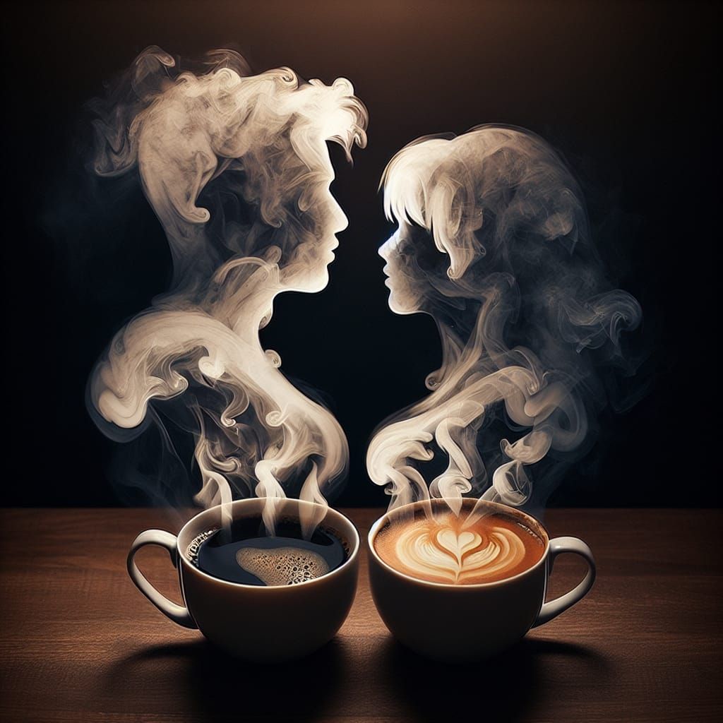Intertwined Couple in Coffee Steam Silhouette
