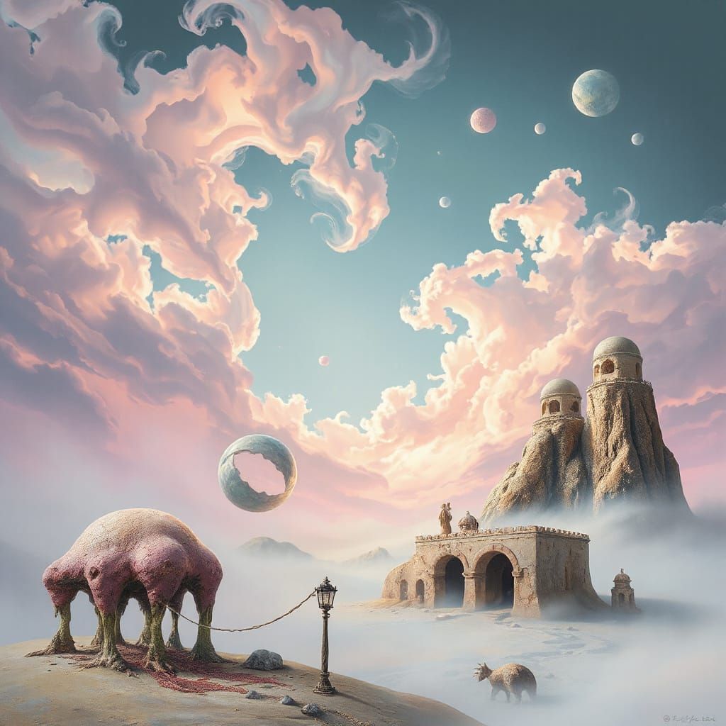 Surreal Fantasy Landscape with Melting Objects