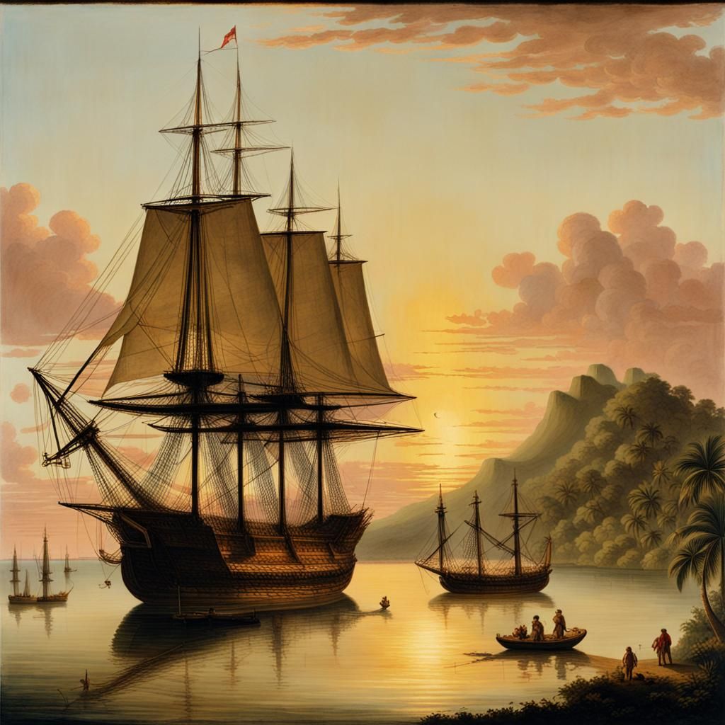 Endeavour Ship at Sunset in Tahiti, 1788