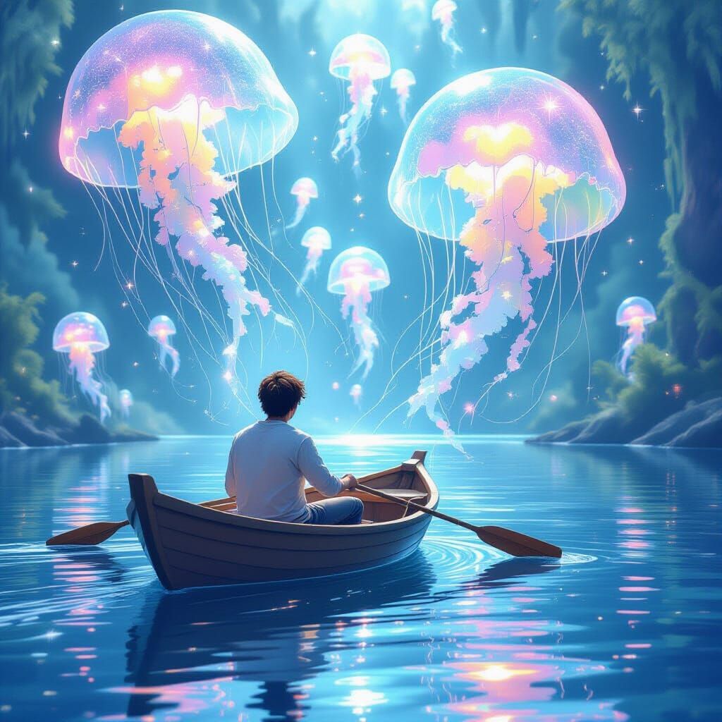 Man Rows Boat Under Jellyfish Spirits, Dreamy Fantasy Art