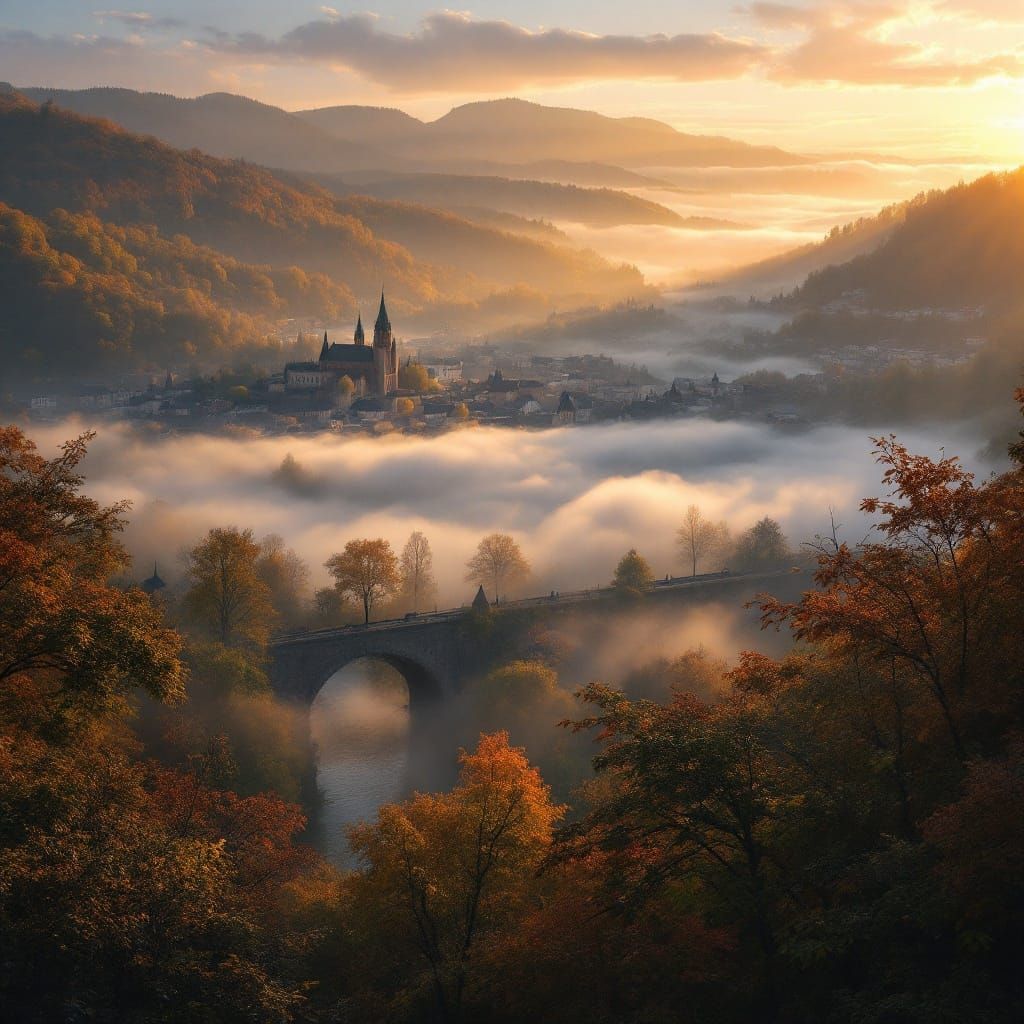 Golden Hour Heidelberg Cityscape with Autumn Foliage