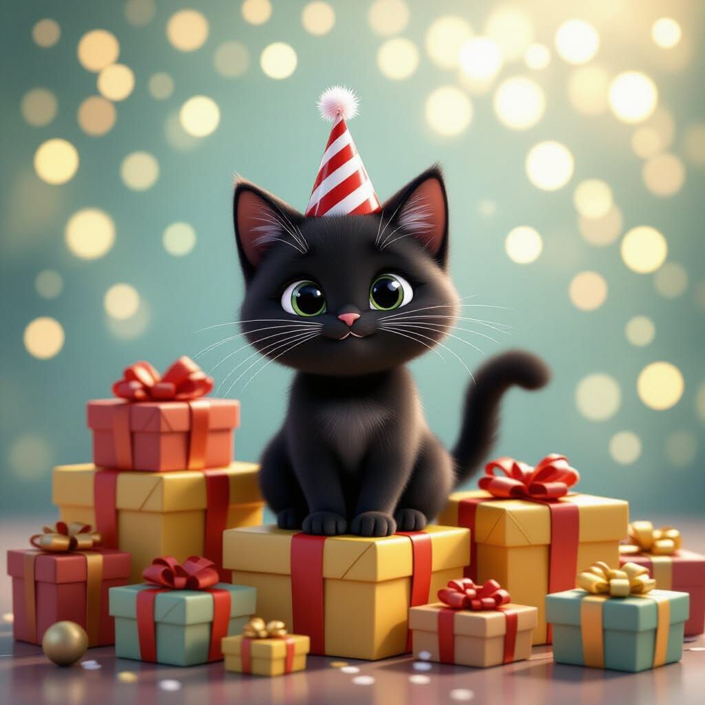 Happy Black Cat in Party Hat with Gifts, Pixar Style