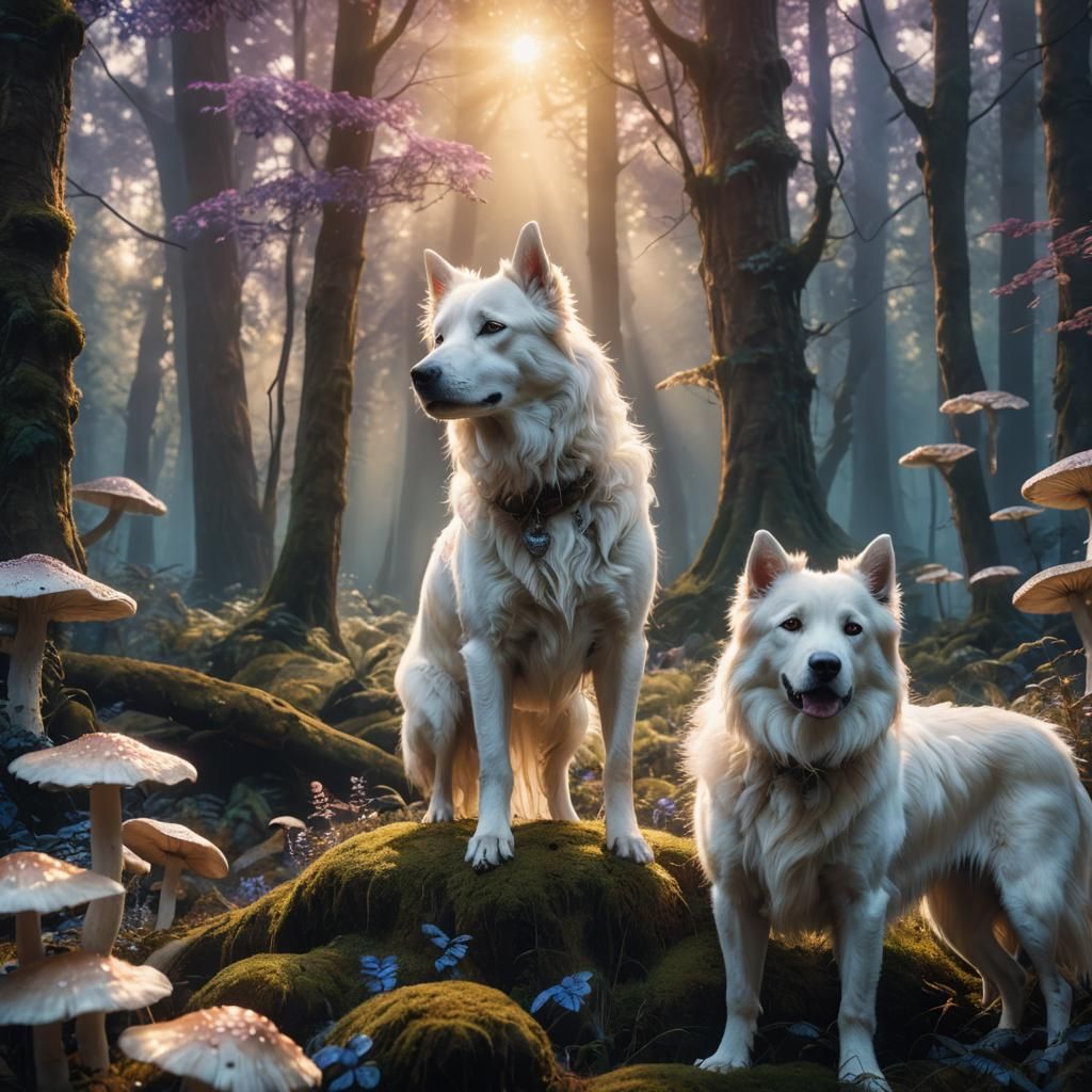 Majestic White Dog in Mystical Forest