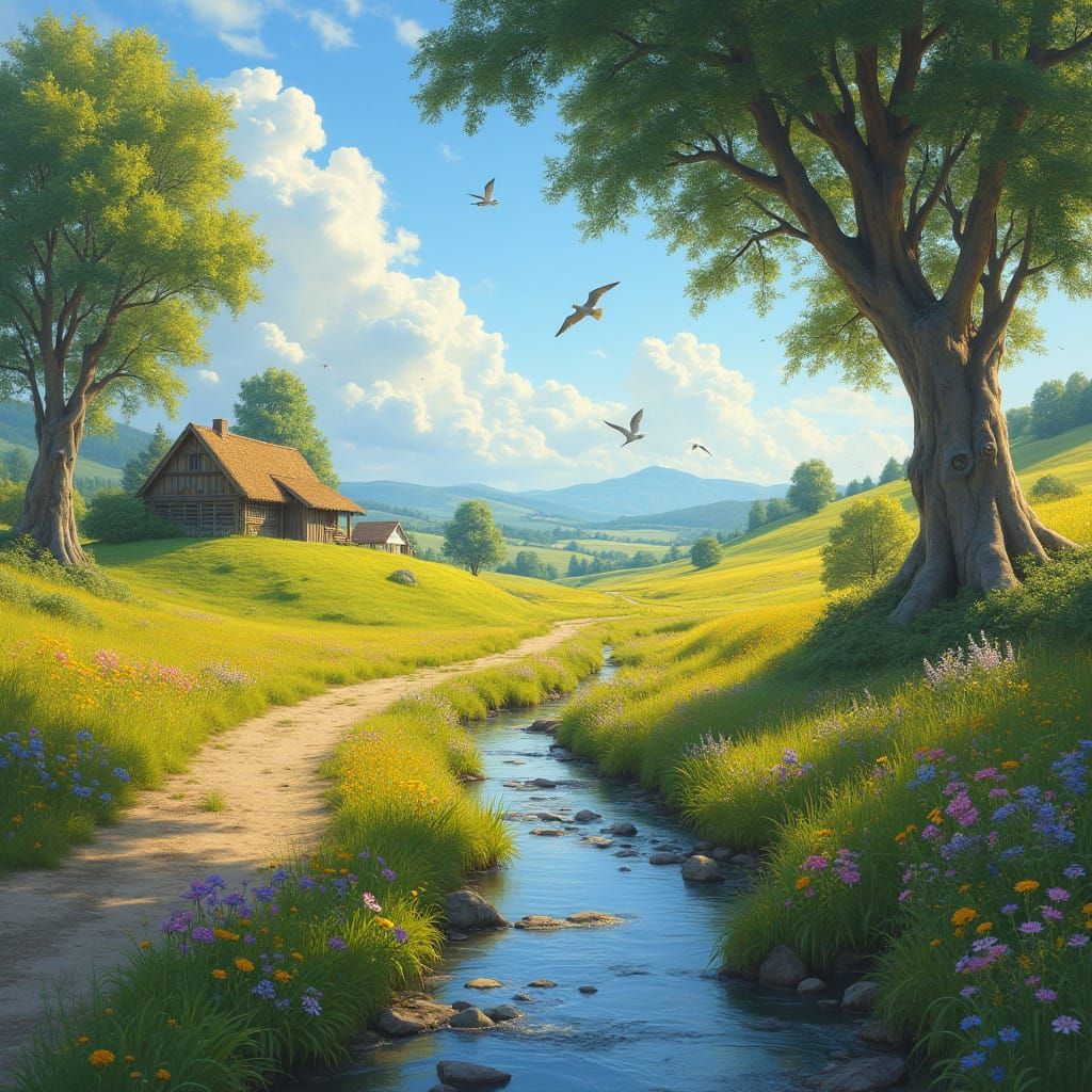 Idyllic Countryside Scene in Soft, Golden Light