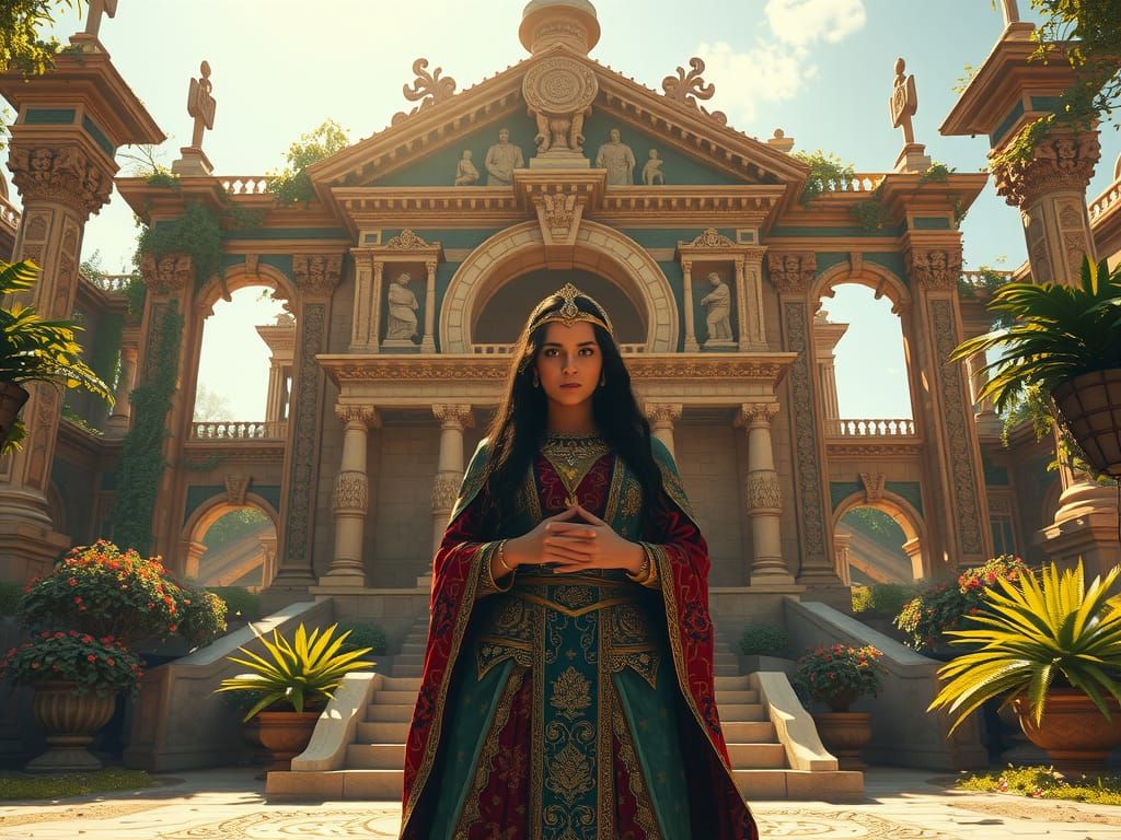 Majestic Biblical Queen in Ornate Stone Mansion