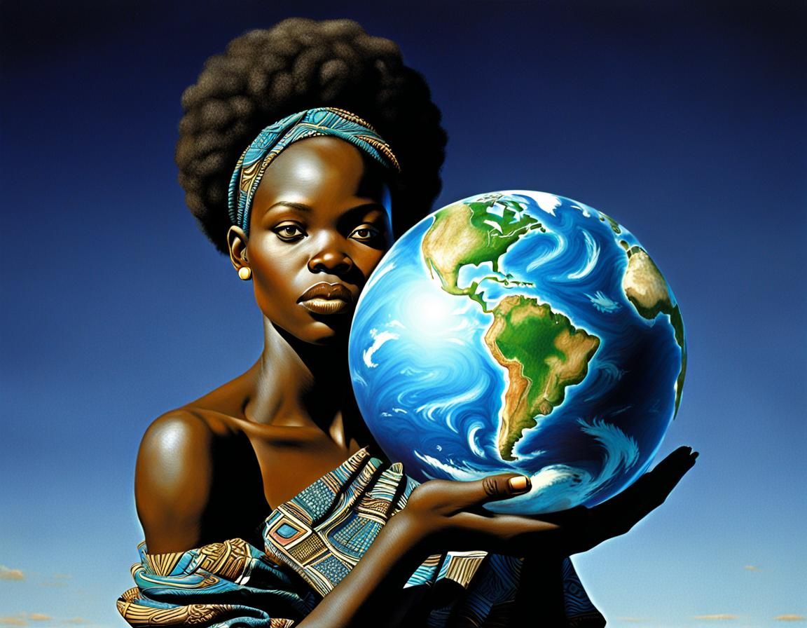 African Woman Holding World in Afrofuturism Style