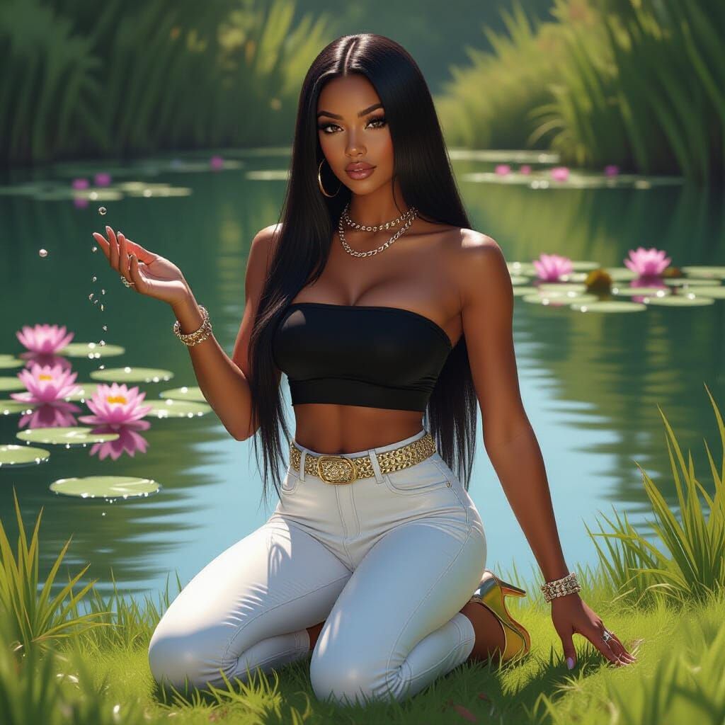 Woman by Pond in Realistic Style