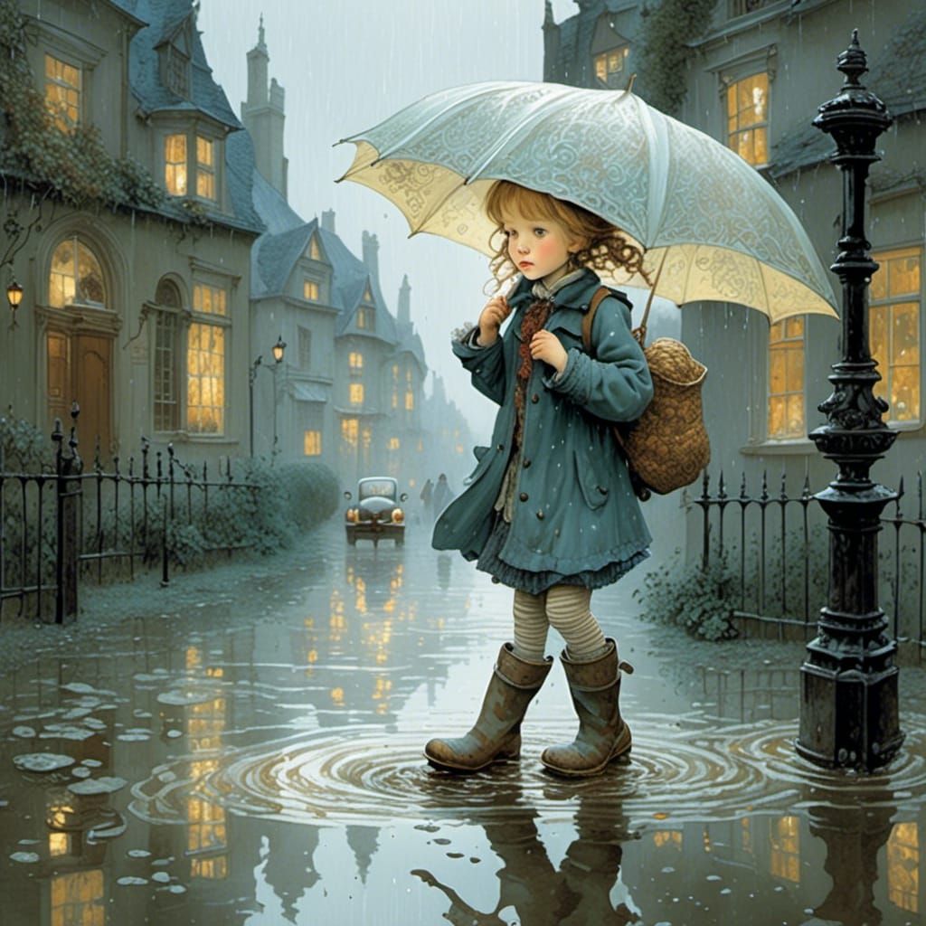 Child Splashing in Rainy Puddle in Nostalgic Style