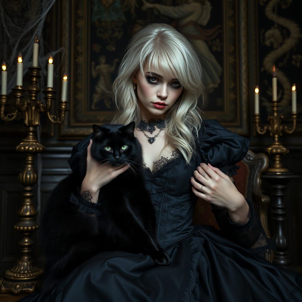 Victorian Gothic Woman and Her Enigmatic Black Cat