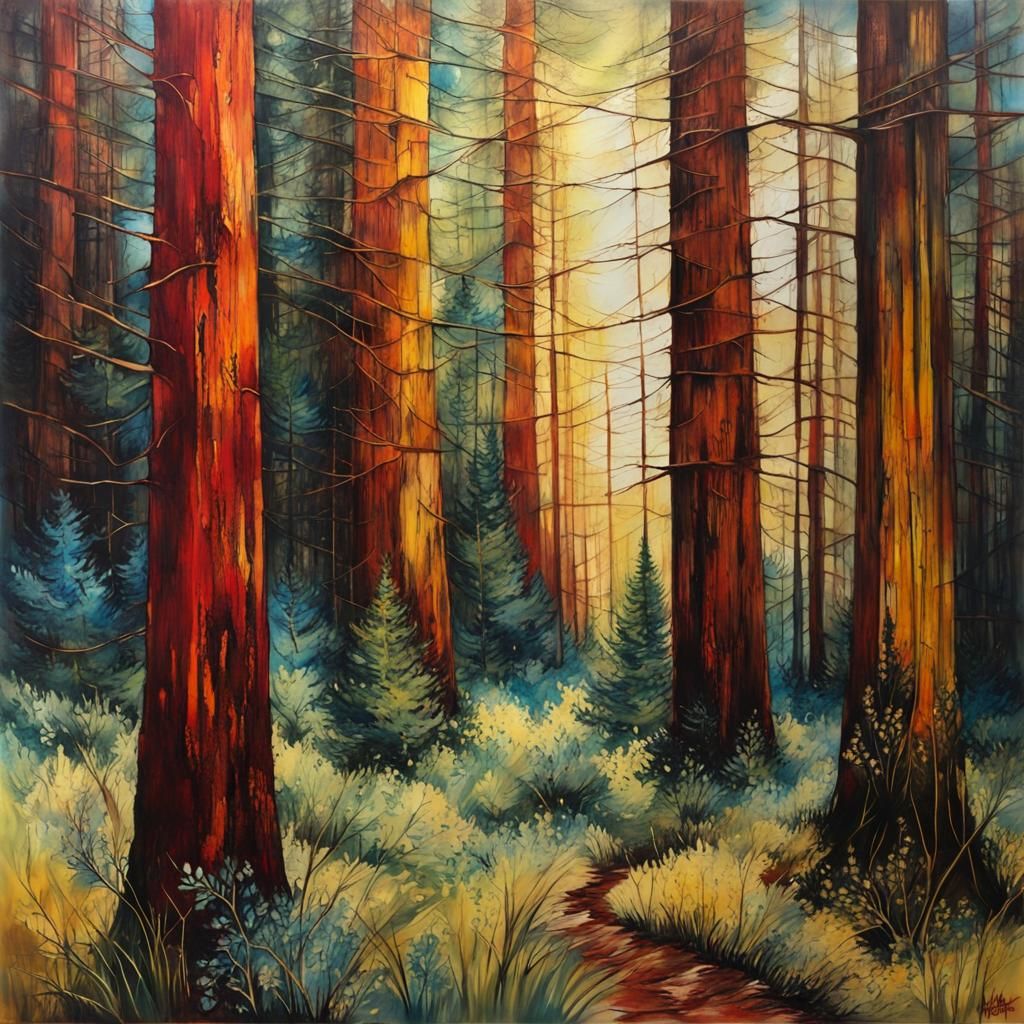 Encaustic Redwood Landscape in Van Gogh Style