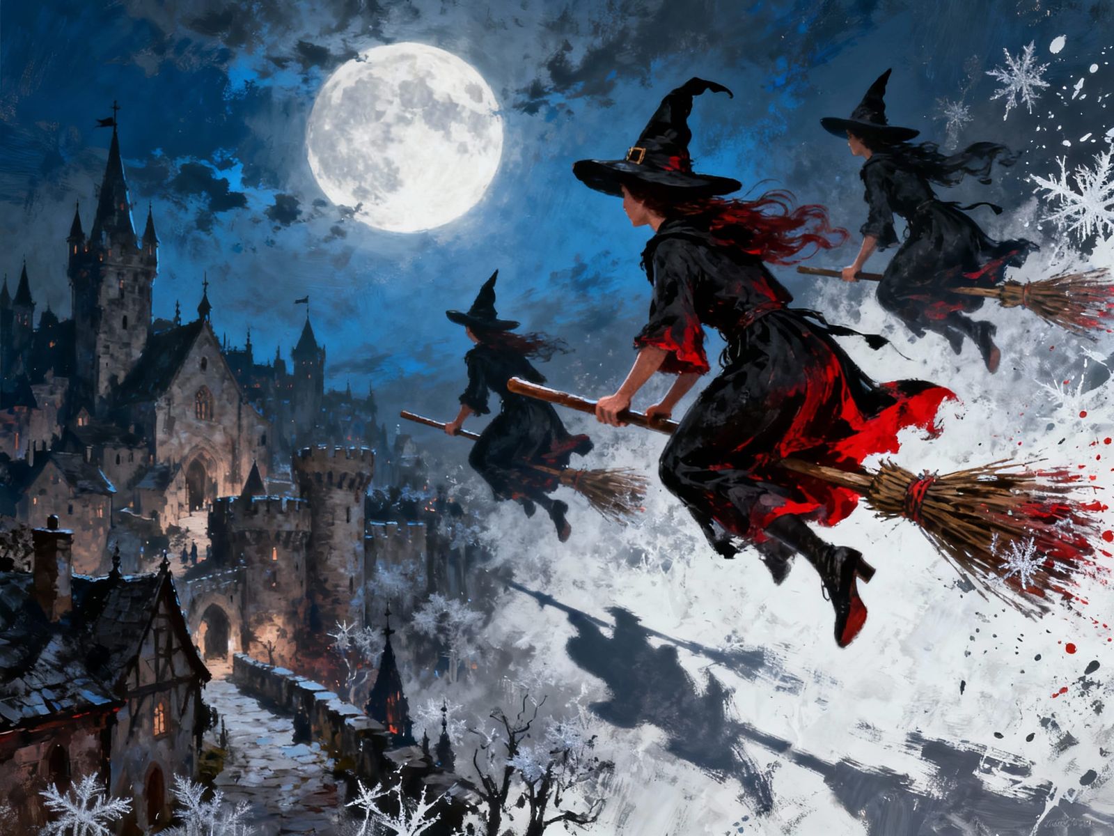 Witches Fly on Broomsticks Under Moonlight