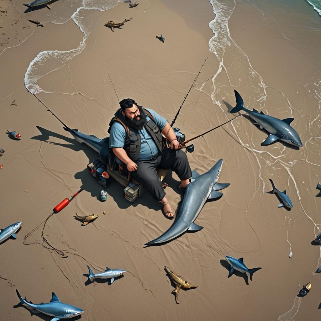 Chubby Fisherman Catches Huge Shark: Detailed Matte Painting