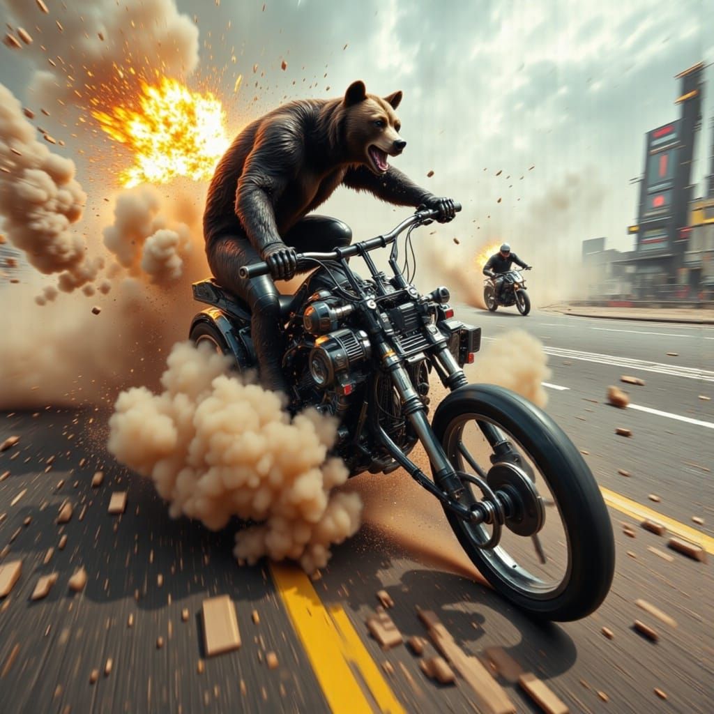 Bear on Bicycle Burnout with Smoke and Flames