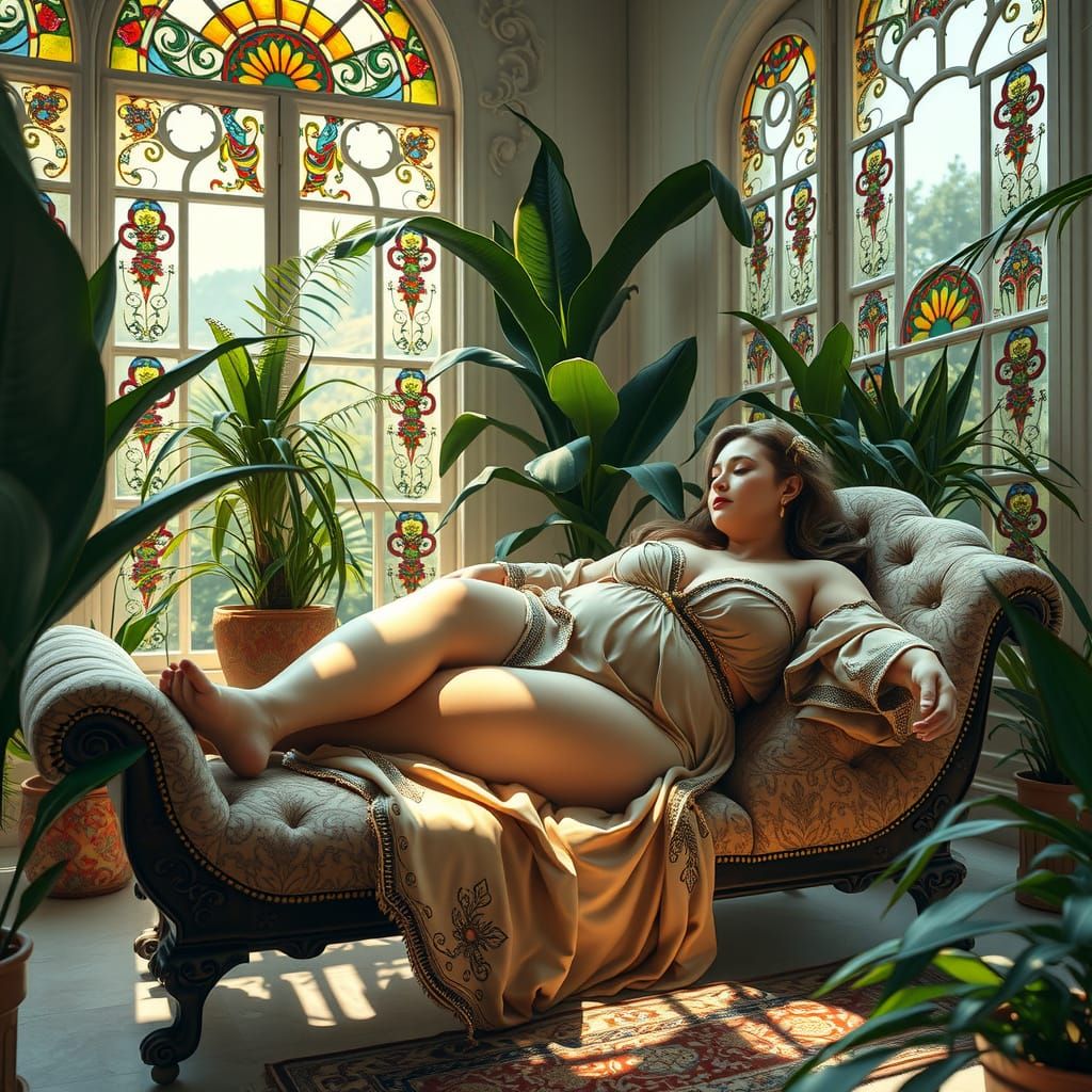 Elegant Persian Goddess in Sun-Drenched Atrium