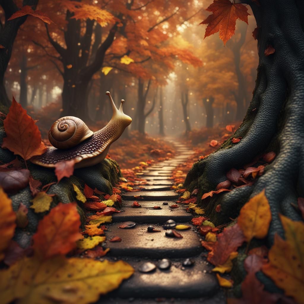 Slugs and Snails on Autumn Path: Detailed Matte Painting