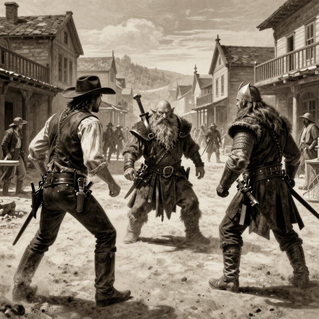 Wild West Standoff: Cowboy, Dwarf, and Viking in Sepia Tone