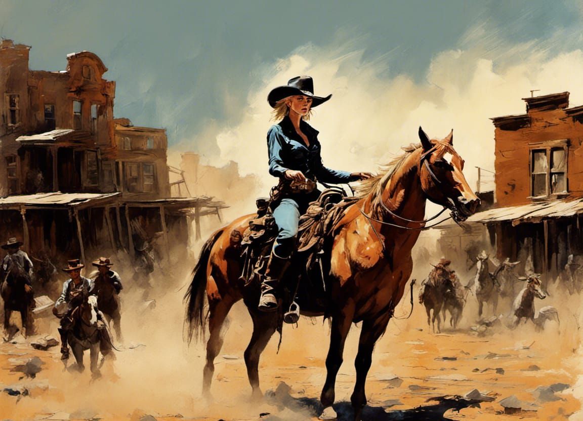Cowgirl Rides into Dusty Western Town