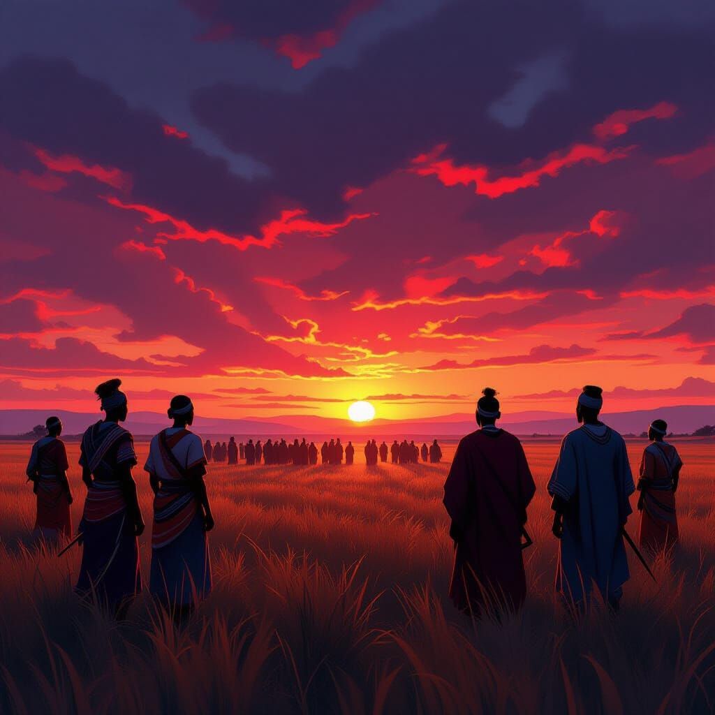 African Villagers Gather Under a Blood-Red Sky