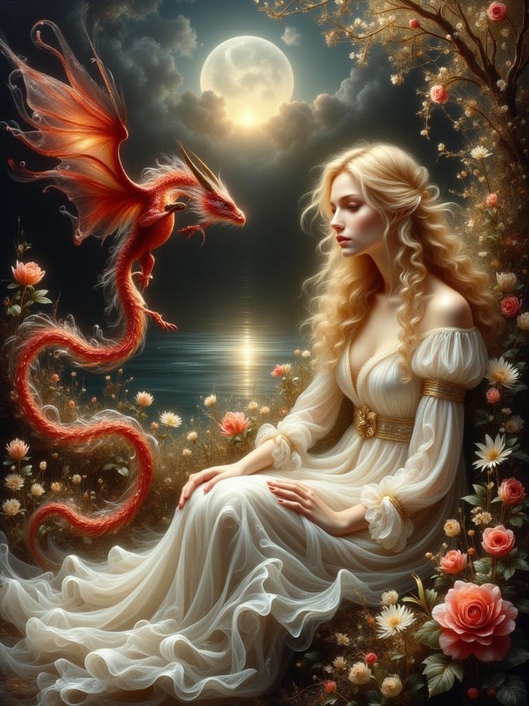 Medieval Goddess with Red Dragon in Moonlit Garden
