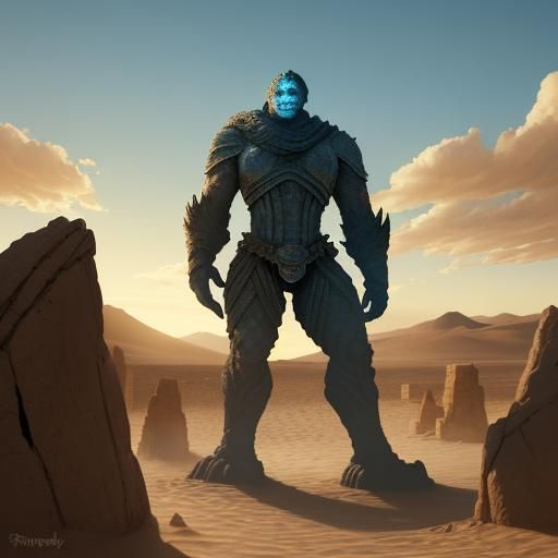 Majestic Stone Golem in Desert Sunset