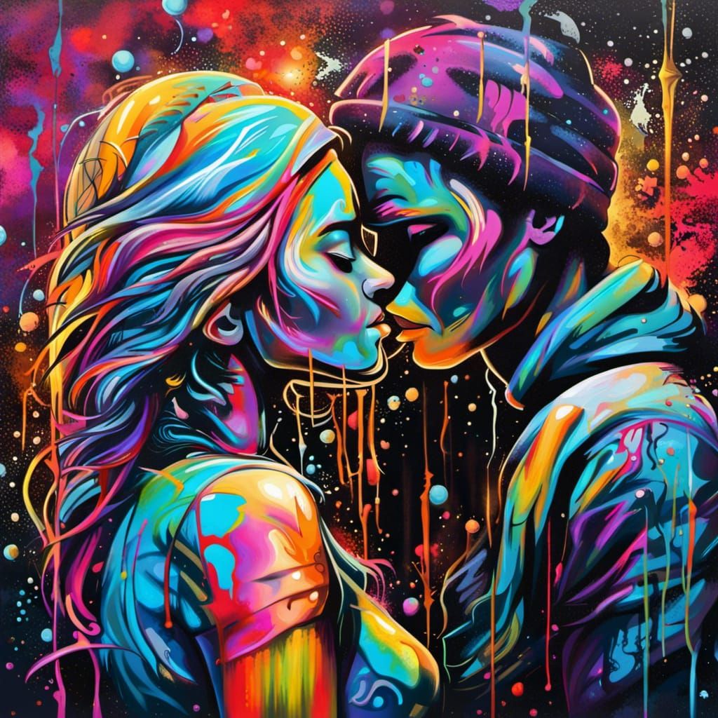 Moonlit Kiss: Graffiti Art Embrace
