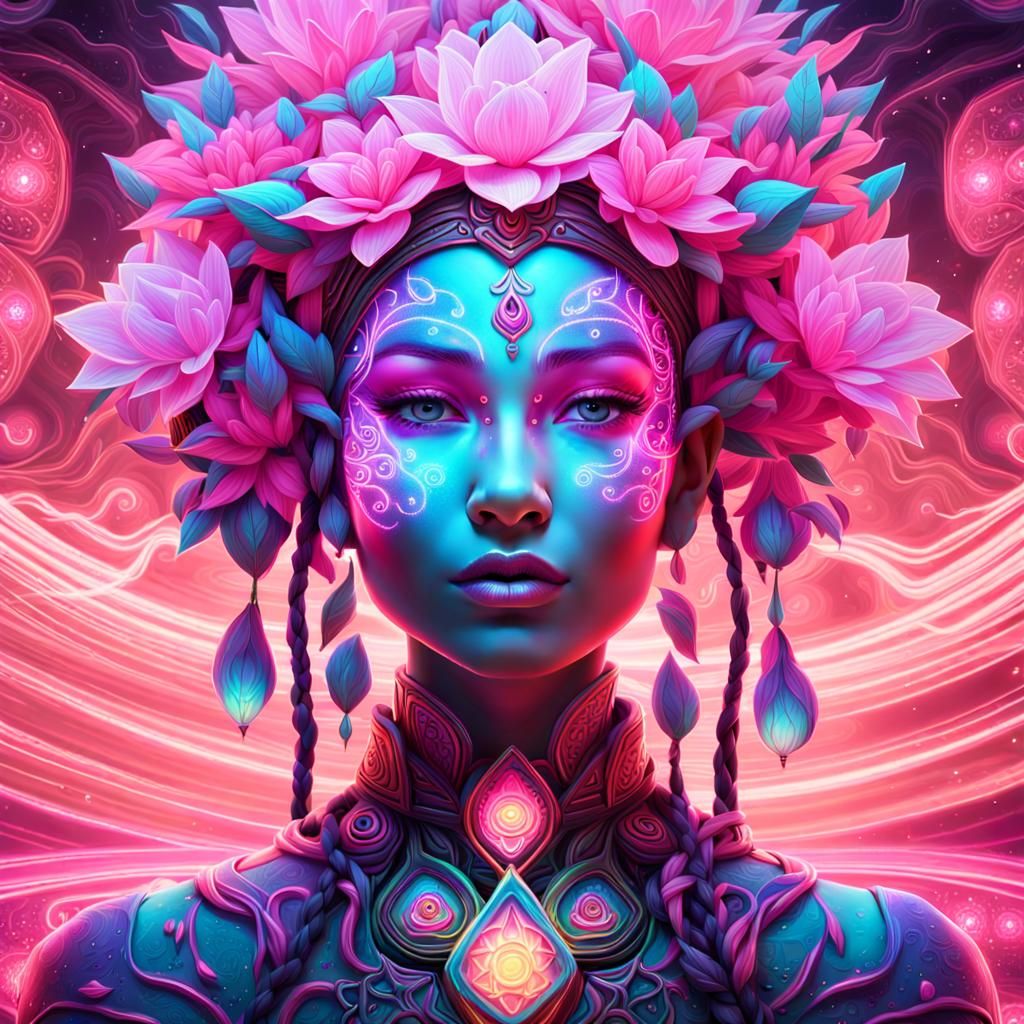 Female Elf with Glowing Neon Skin in Psychedelic Art
