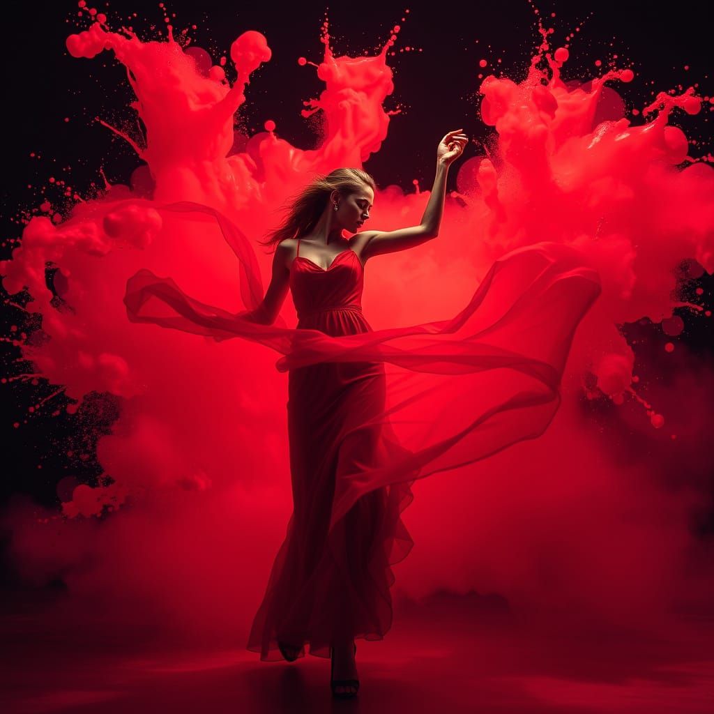 Elegant Woman Dancing in Red Liquid Dress