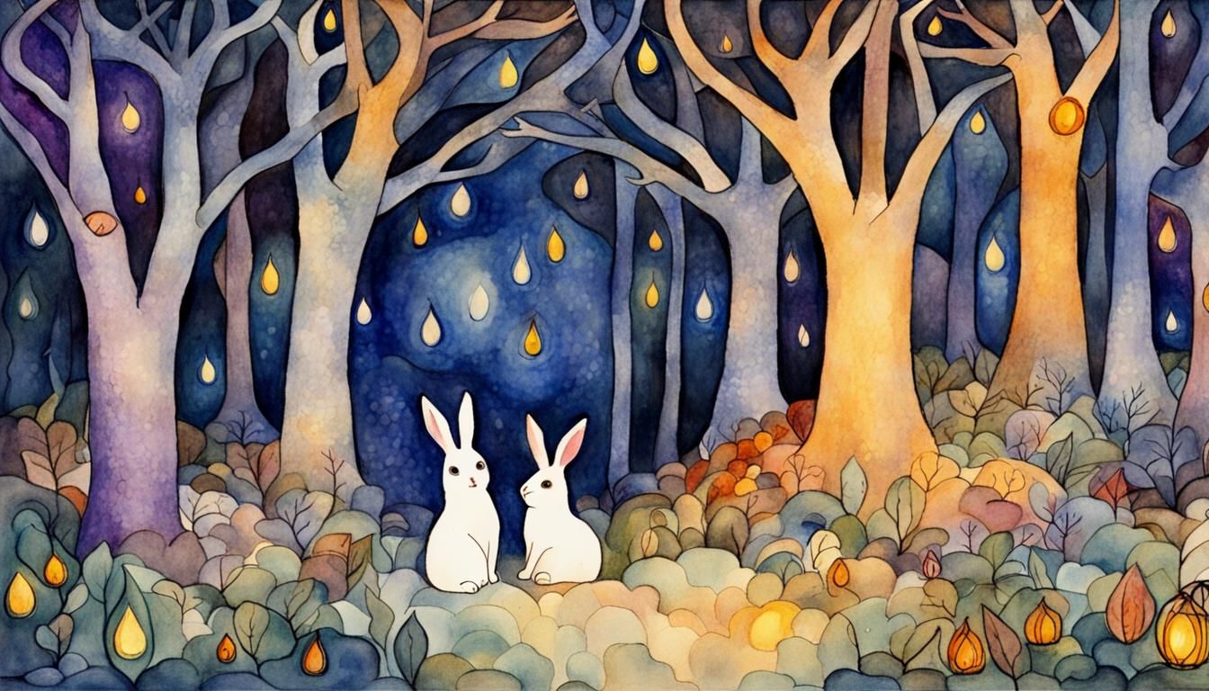 Rabbit and Demons in Colorful Forest, Watercolor Style